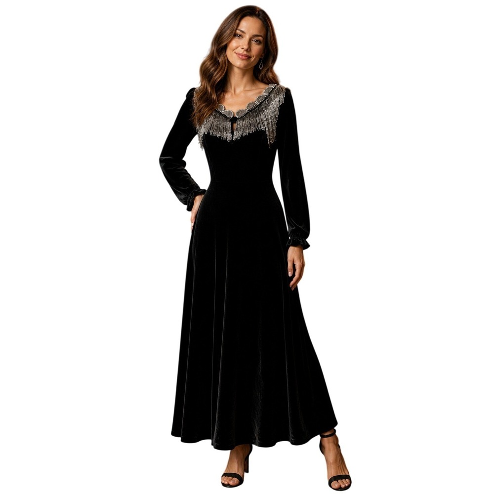 J. Peterman Women Black Velvet Maxi Dress Beaded‎ Fringe Silk Blend Sz 4